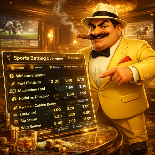 Mr. Boss dominates Betalice sportsbook, waving at live sports odds on the tech tablet.