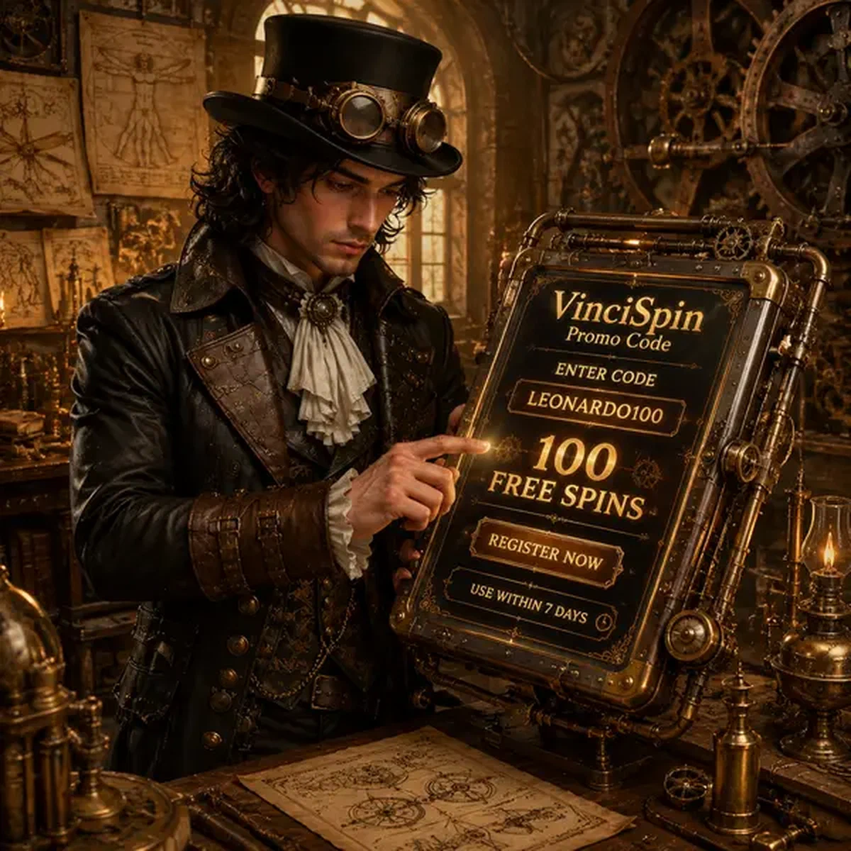 Da Vinci gibt Promo-Code auf dampfbetriebenem Tablet bei VinciSpin für Bonus ohne Einzahlung ein