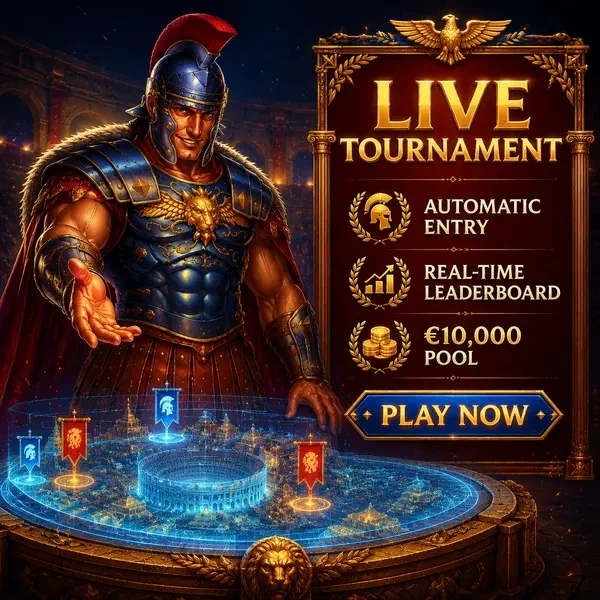 Rzymski dowódca Maximus organizujący turniej live casino z tabelą liderów puli nagród €10 000