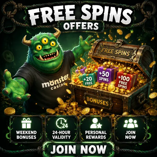 MonsterMo opening treasure chest overflowing with free spins at Monster Casino