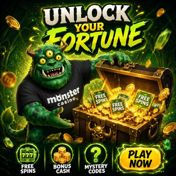 MonsterMo opens treasure chest revealing promo codes at glowing casino portal