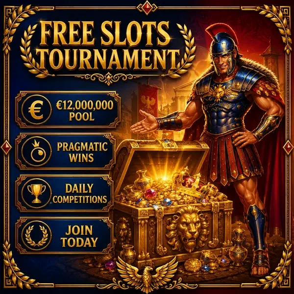 Maximus gestykuluje w stronę masywnej skrzyni turniejowej darmowych automatów w Roman Casino