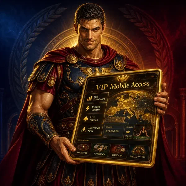 Maximus comanda la dashboard App Mobile Roman Casino con accesso VIP luminoso su tablet dorato