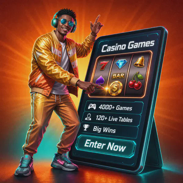 Jugador explorando 4000+ juegos de casino en SlotsDJ con interfaz de tableta futurista
