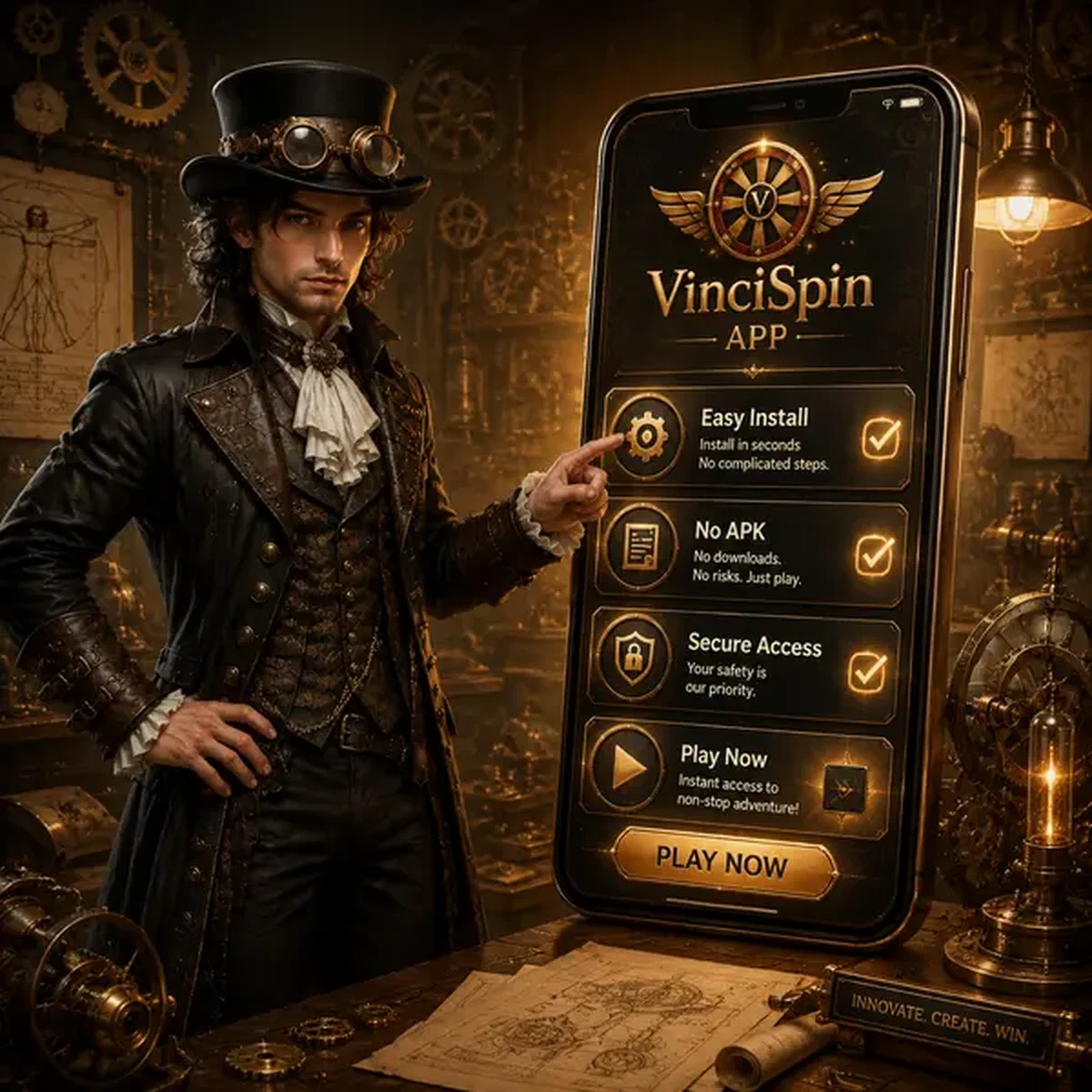 Young Da Vinci gesturing at smartphone displaying VinciSpin app download interface in steampunk workshop