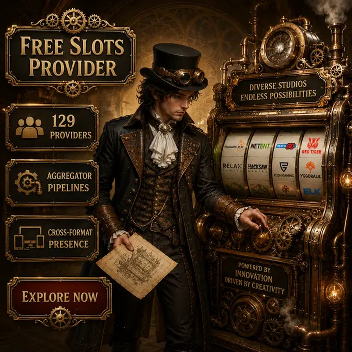 Jonge Da Vinci past steampunk-gokautomaten aan bij VinciSpin Casino gratis gokkasten-werkplaats