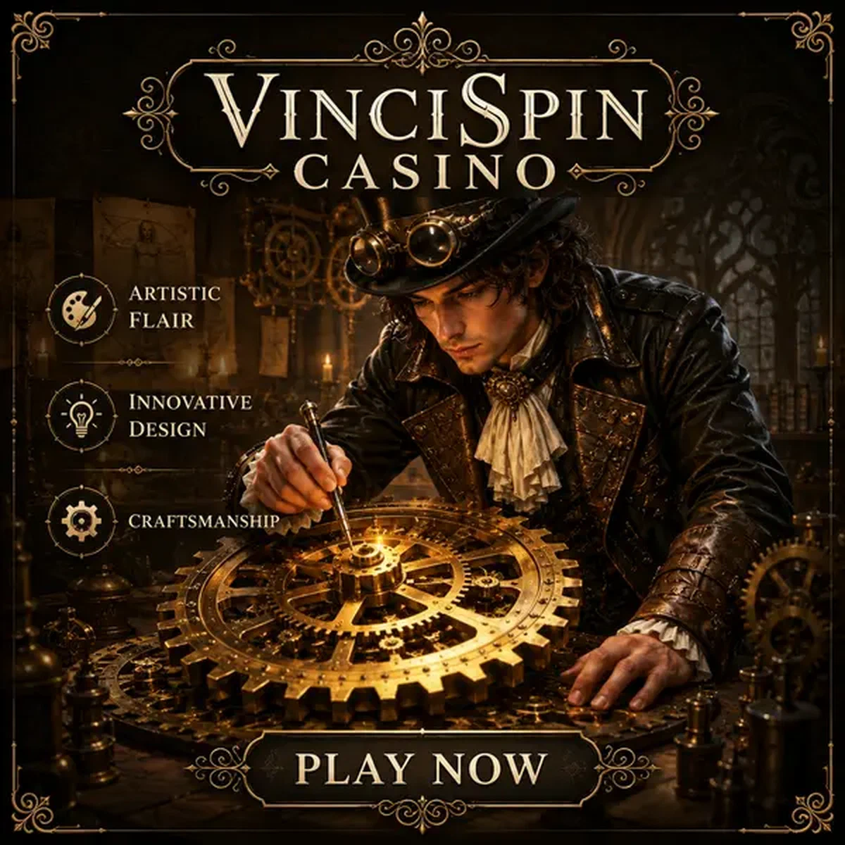 Jonge Leonardo Da Vinci die tandwielen maakt aan VinciSpin Casino werkbank met messing tandwiel middelpunt