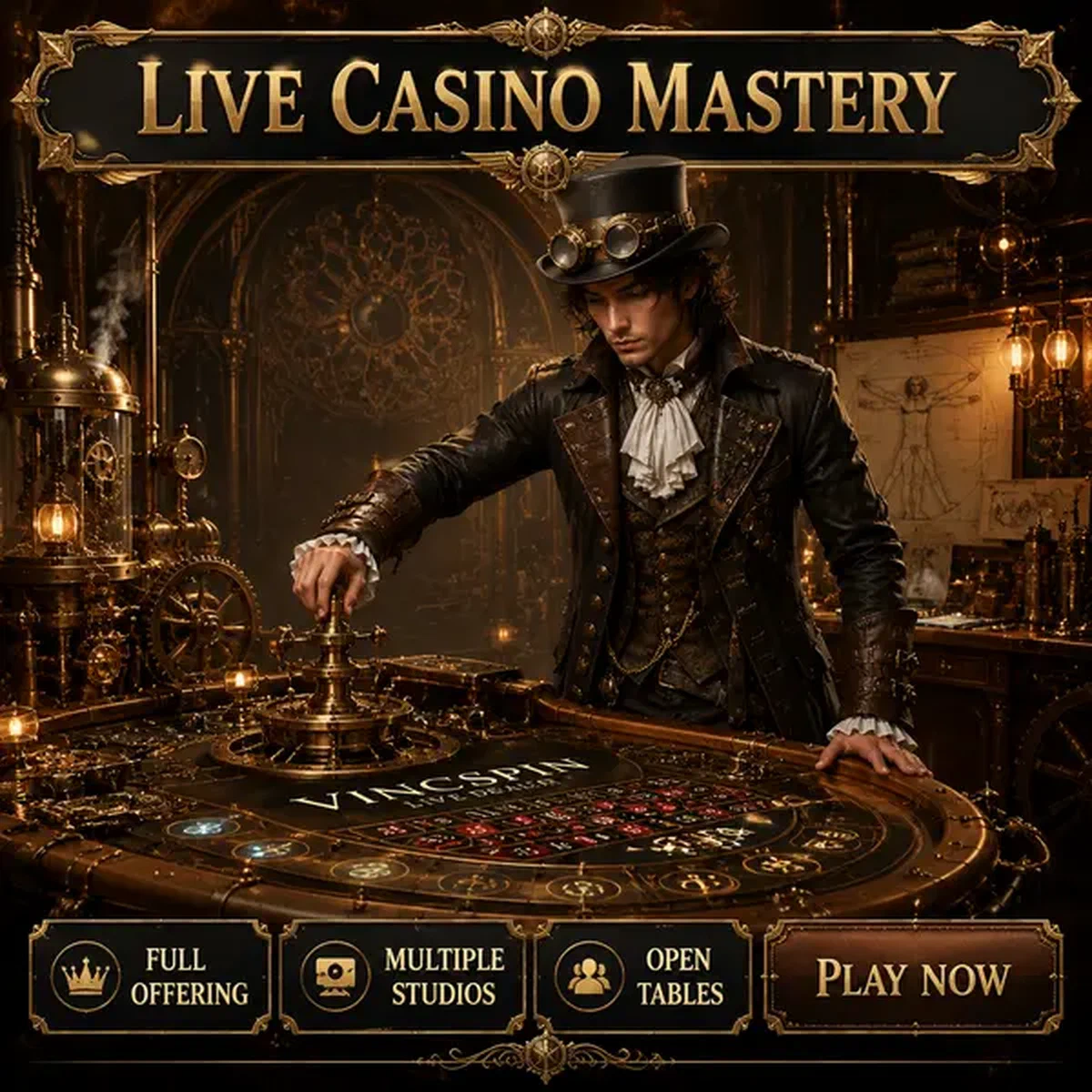 VinciSpin live dealer aan sierlijke mechanische speeltafel met koperen werkplaatsachtergrond