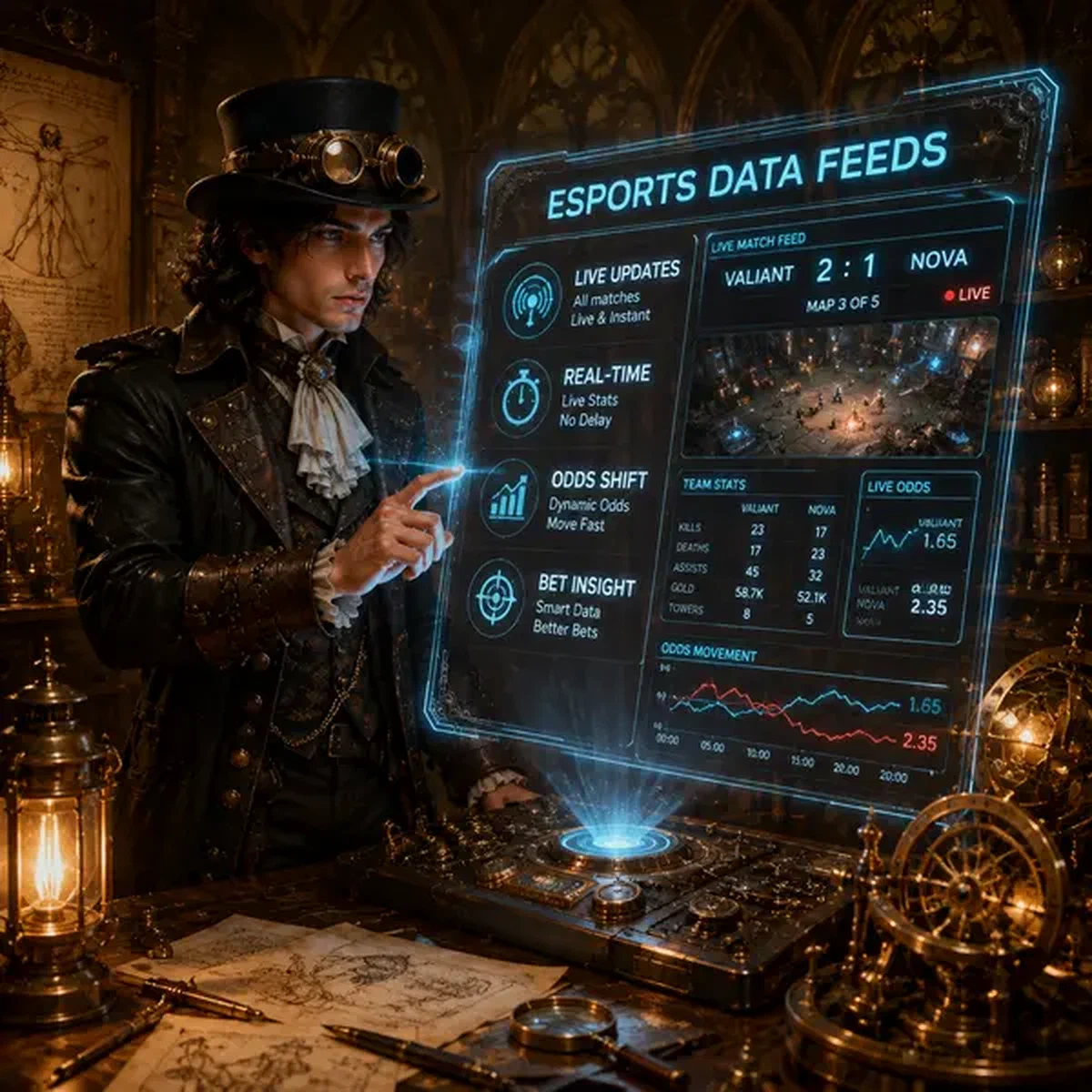 Jonge Da Vinci analyseert esports wedden datafeeds bij VinciSpin holografisch displaystation