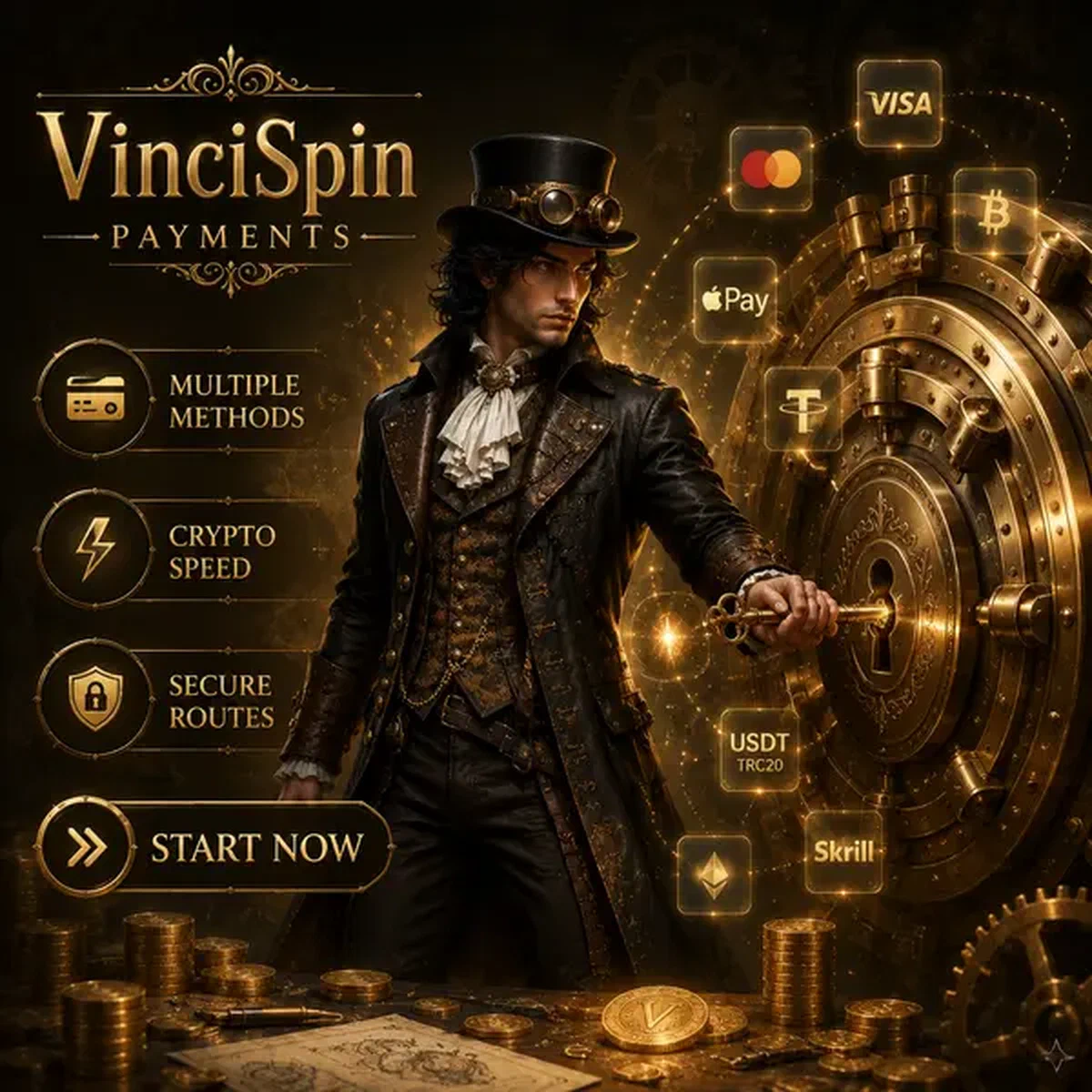 VinciSpin betalingskluis ontgrendeld door Da Vinci met veilige crypto-methoden eromheen zwevend