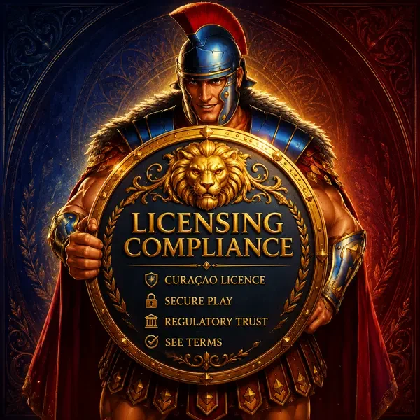 Maximus trzymający złotą tarczę wyświetlającą zgodność licencyjną Roman Casino i zaufanie regulacyjne