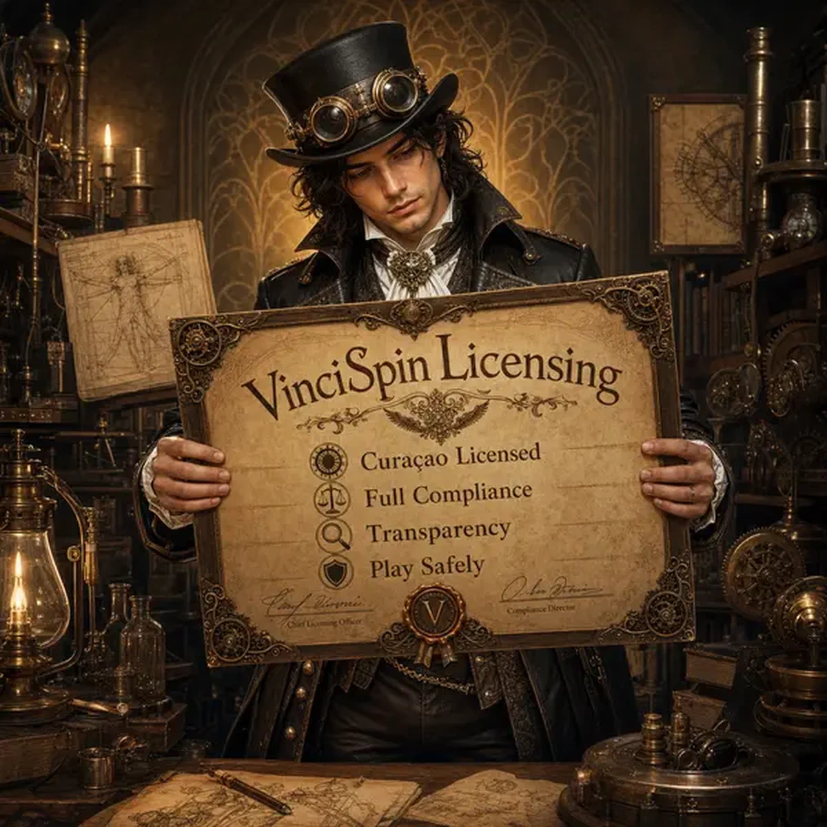 Jonge Da Vinci die Curaçao gaming licentie onderzoekt in VinciSpin compliance werkplaats
