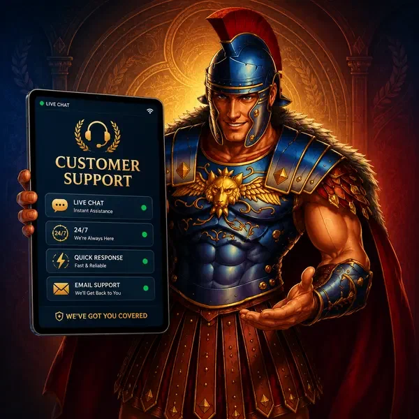 Maximus prezentujący obsługę klienta Roman Casino na świecącym tablecie z gotowym czatem na żywo