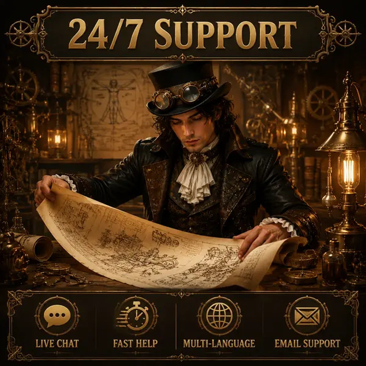 Jonge Da Vinci die blauwdruk onderzoekt in messing werkplaats die 24/7 support biedt bij VinciSpin