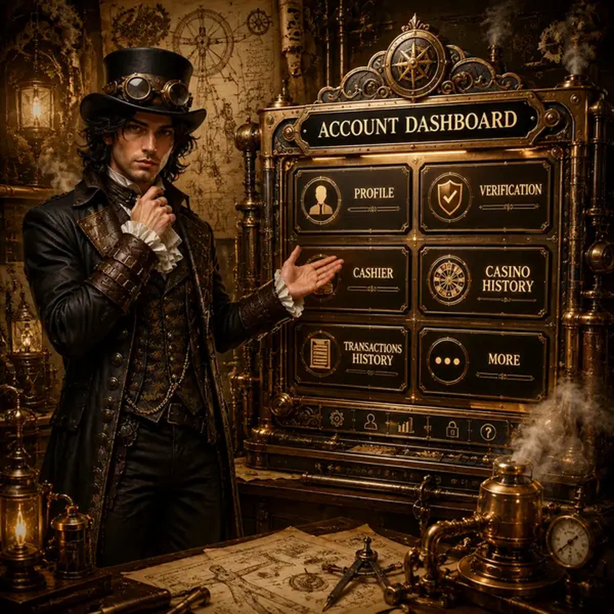 Jonge Da Vinci gebaart naar VinciSpin login-dashboard met profiel-, verificatie- en cashier-secties