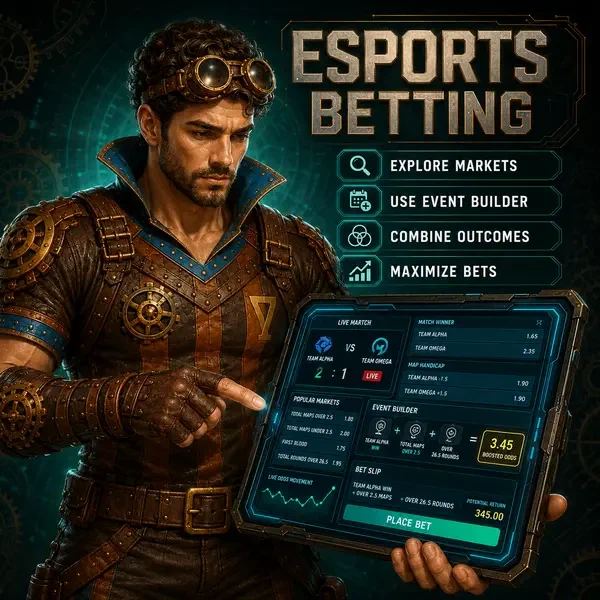 Ironclad Adventurer analyzující data esportového sázení na futuristickém tabletu na digitální aréně VinciSpin