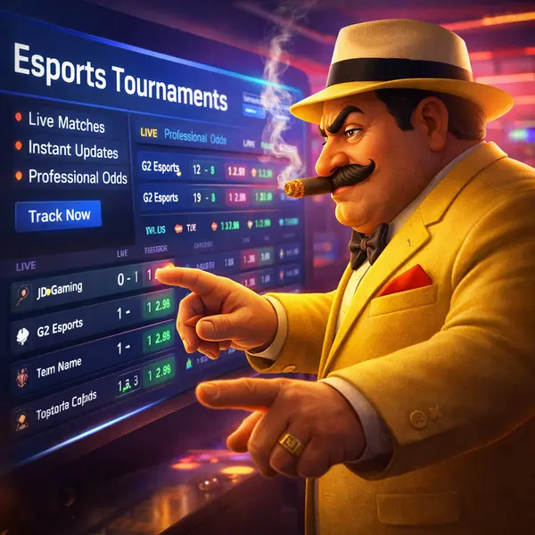 Mr. Boss analyzing esports stats at Golden Mister 777 esports betting screen.