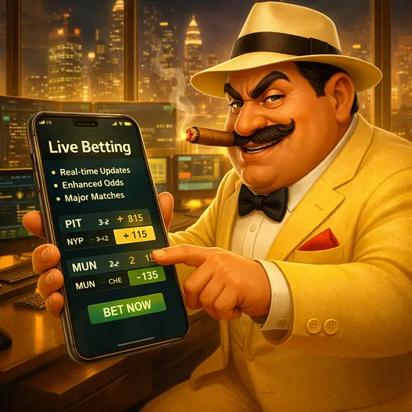 Golden Mister 777 sports betting atop sky-high luxury penthouse, odds live on screen.