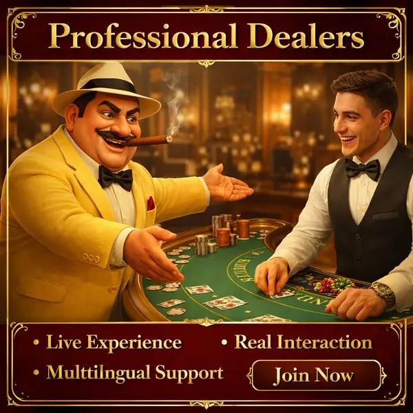 Golden Mister 777 Casino live dealer engaging players in a lavish, professional setup.
