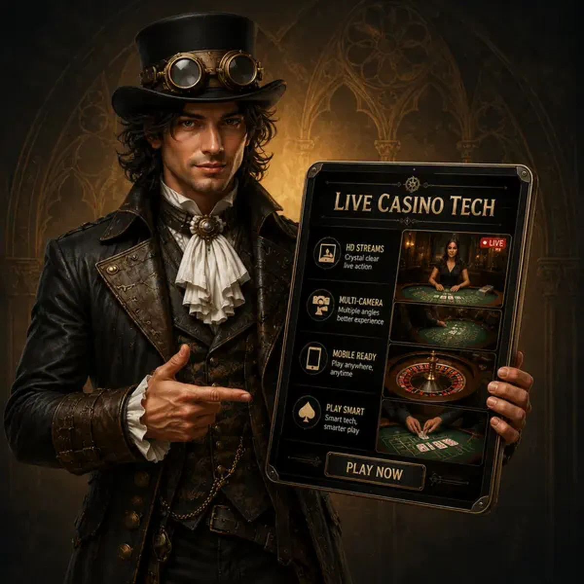 Jonge Da Vinci onderzoekt HD live casino-streams op koperen tablet in digitale werkplaats
