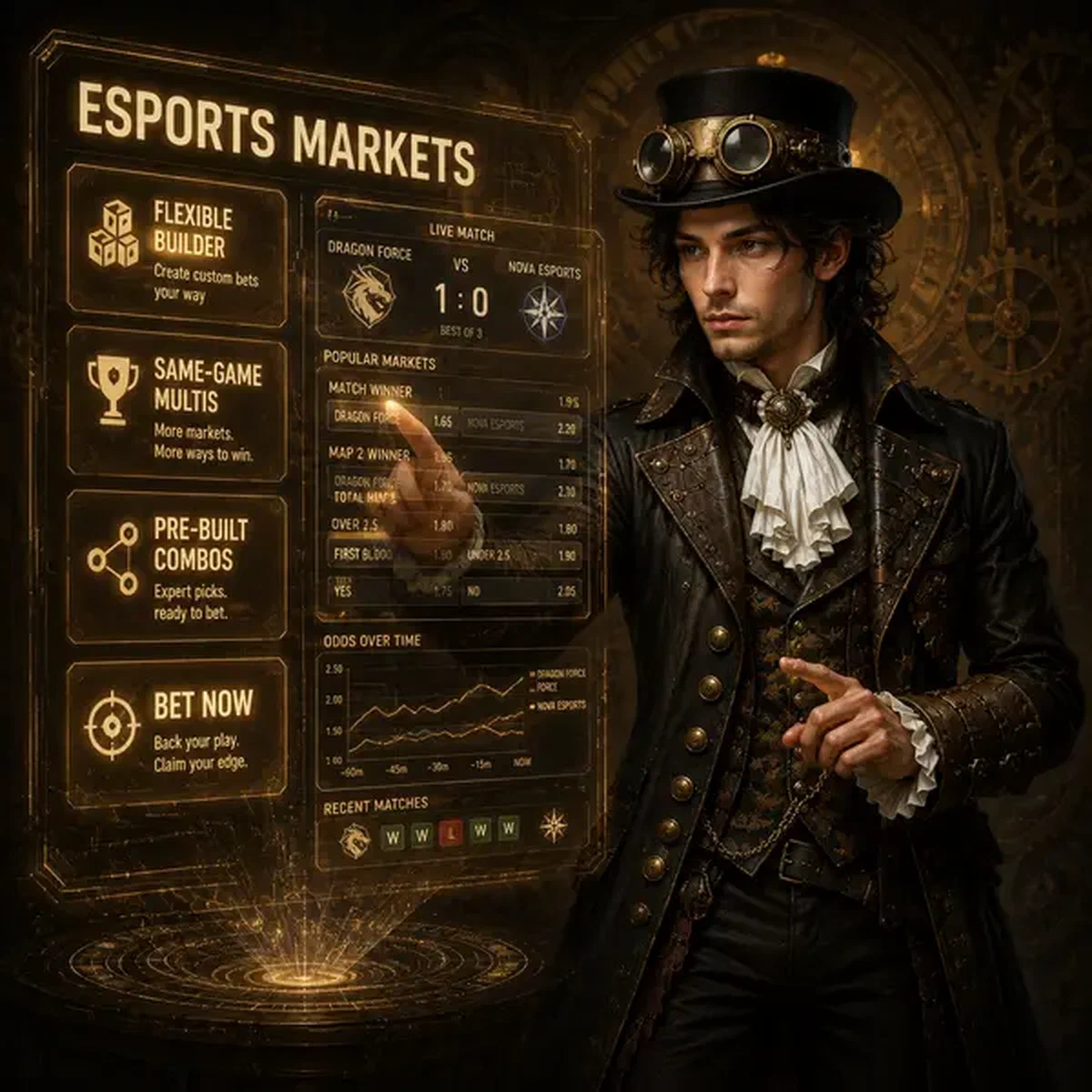 Jonge Da Vinci analyseert esports wedden markten op holografisch display bij Market Types studio