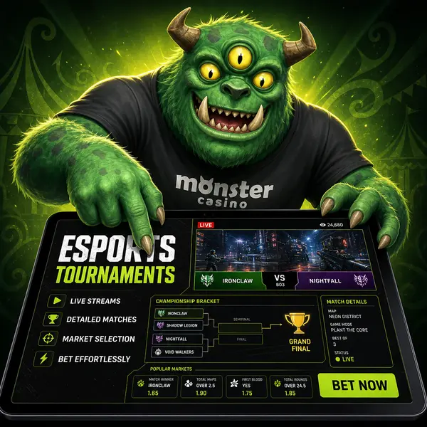 MonsterMo eagerly navigating esports tournaments on gaming tablet at Monster Esports Tournaments