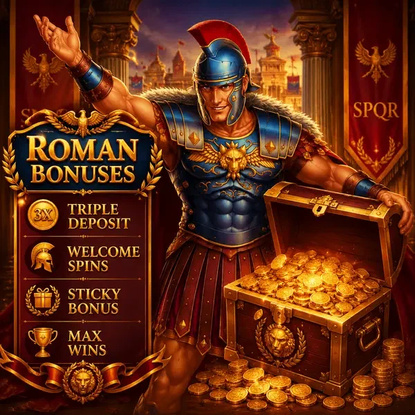 Rzymski dowódca trzymający skrzynię skarbów z bonusami na forum Roman Casino