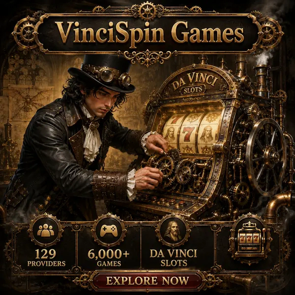 Jonge Da Vinci die steampunk gokkasten onderzoekt in VinciSpin Casino werkplaats met messing tandwielen