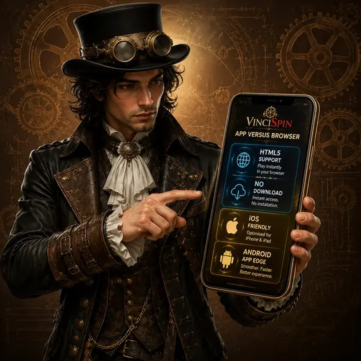 VinciSpin app glowing on mobile device as Da Vinci examines innovative features