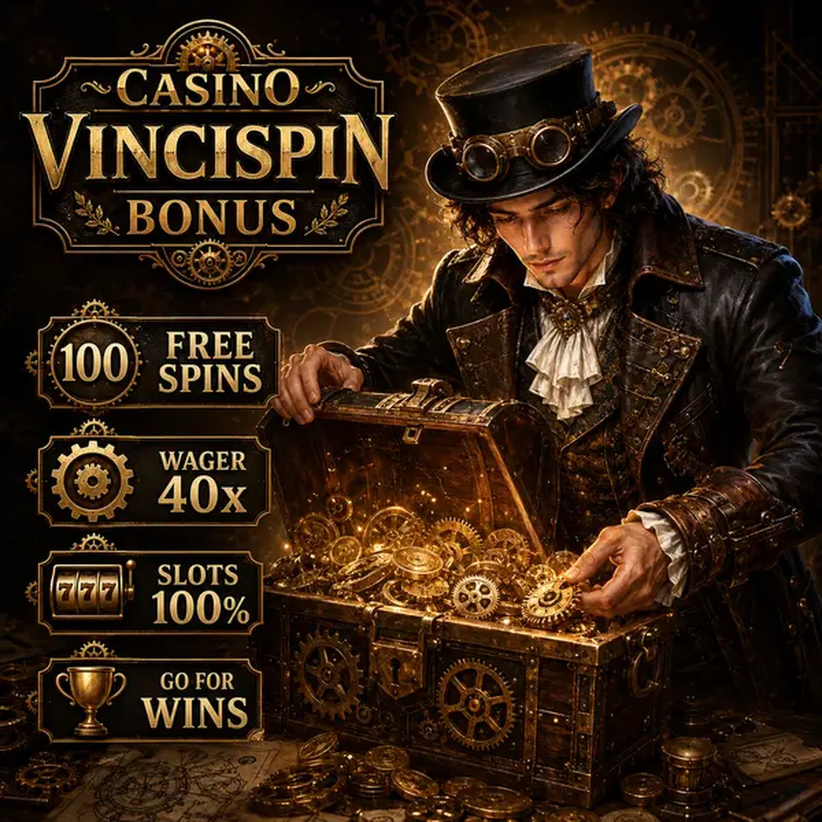 Junger Erfinder untersucht Bonusschatztruhe ohne Einzahlung im Casino VinciSpin Steampunk-Labor