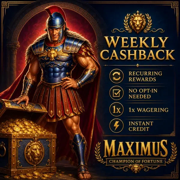 Gracz uzyskujący dostęp do tygodniowych nagród cashback w skarbcu Roman Casino
