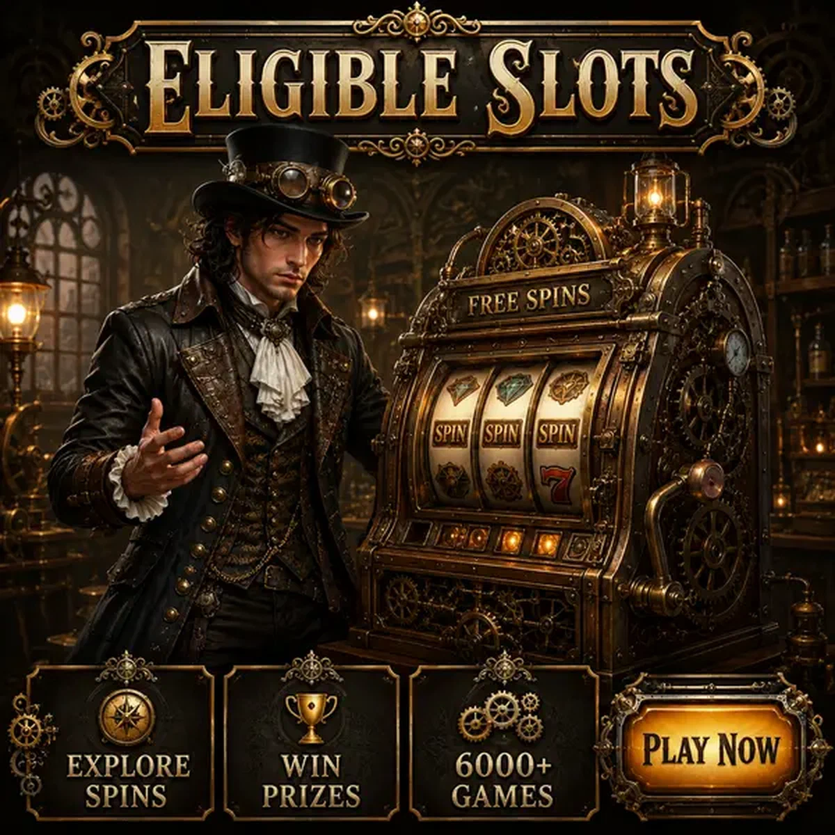 Jonge Da Vinci verkent steampunk gokkast voor VinciSpin gratis spins in koperen werkplaats
