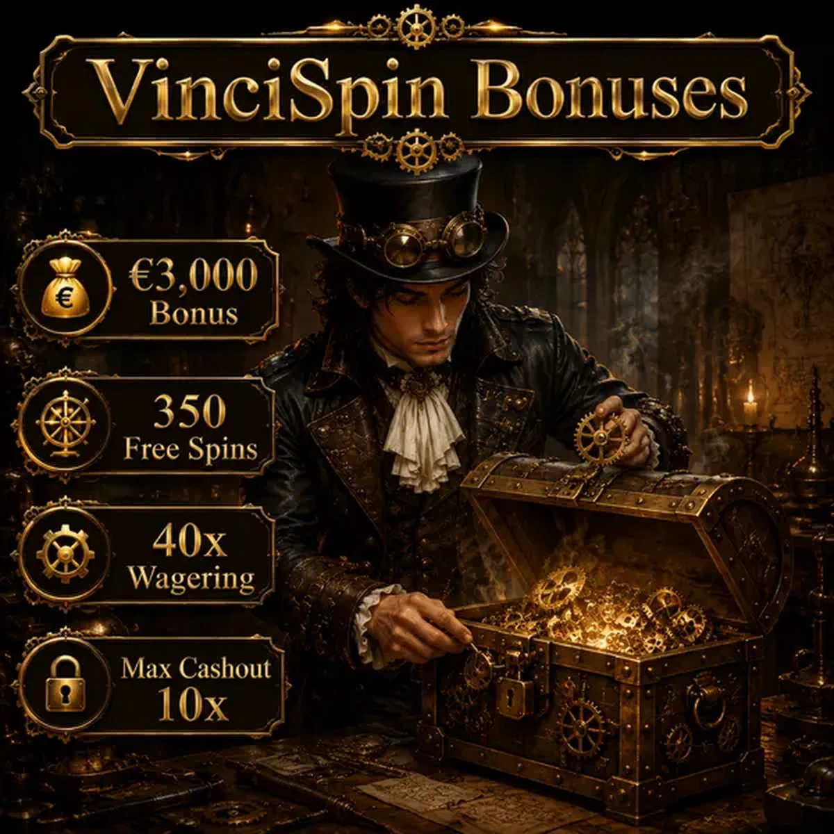 Jonge Da Vinci die messing schatkist onderzoekt gevuld met VinciSpin bonustandwielen en gouden radertjes