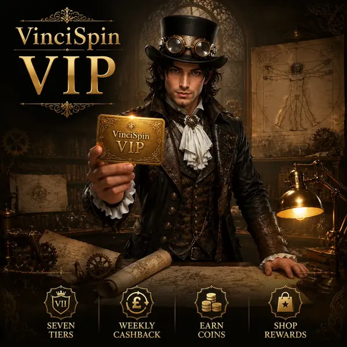 Jonge Da Vinci die gouden VIP-kaart vasthoudt in werkplaats bij VinciSpin Casino loyaliteitsprogramma