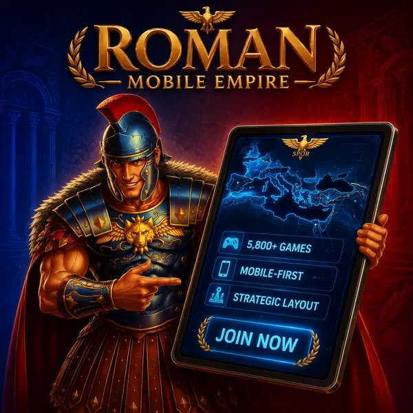 Maximus planujący strategiczne ruchy na interfejsie tabletu Roman Casino Mobile Empire