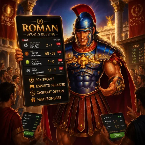 Maximus trzyma tablet do zakładów sportowych na arenie Roman Casino Sports Betting