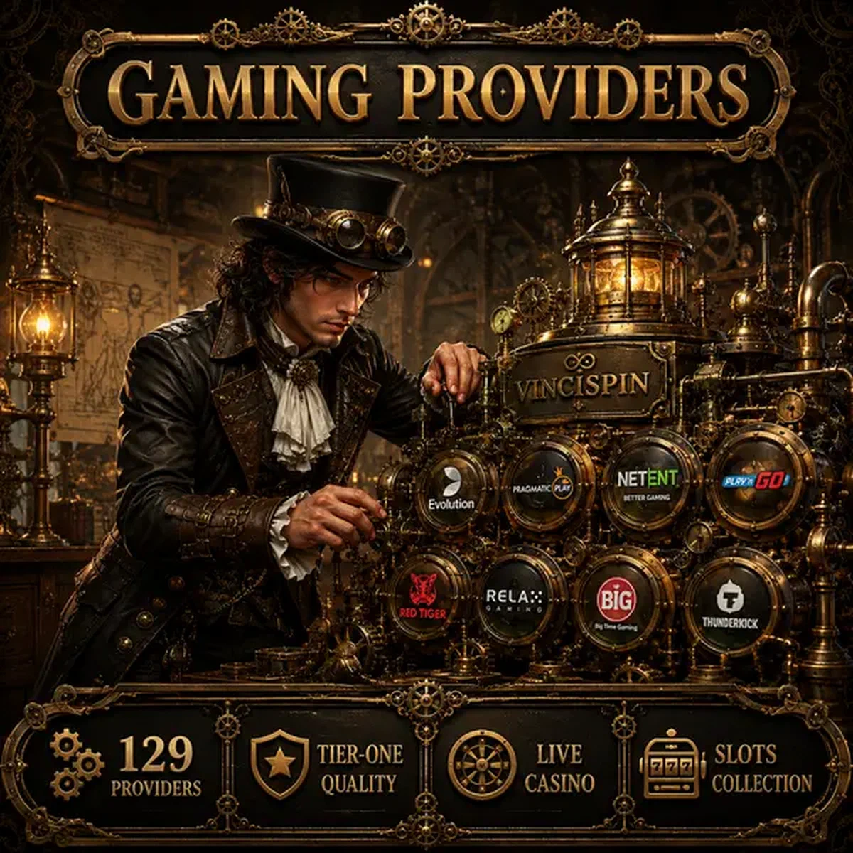Jonge Da Vinci die steampunk gaming providers contraption inspecteert in VinciSpin werkplaats