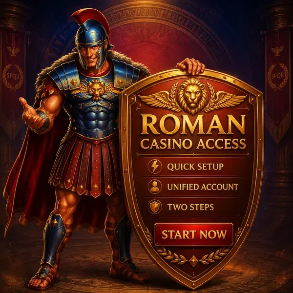 Maximus strzeże portalu logowania Roman Casino ze złotą tarczą podniesioną ochronnie
