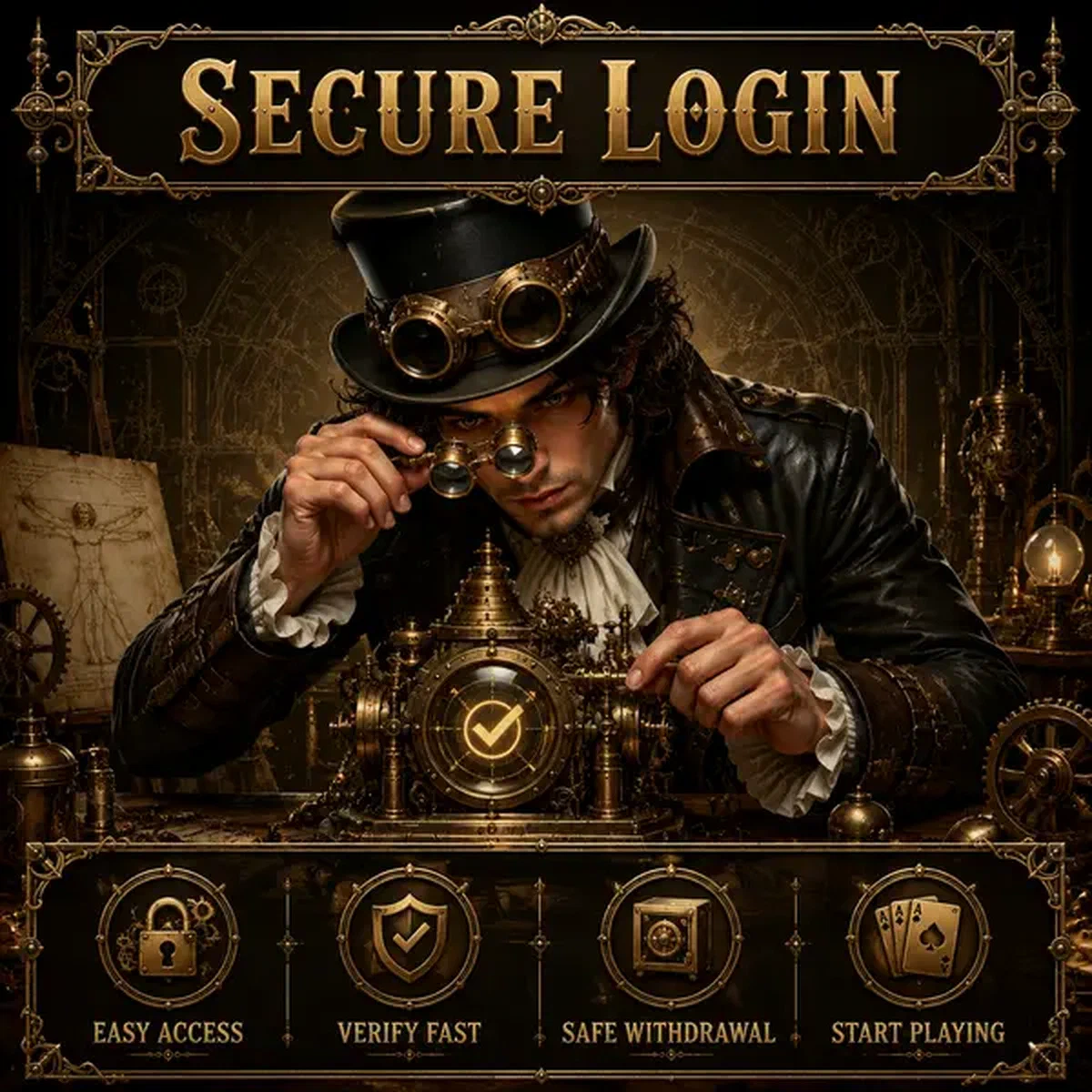 Jonge Da Vinci die messing verificatie-apparaat aanpast terwijl speler veilige login voltooit bij VinciSpin